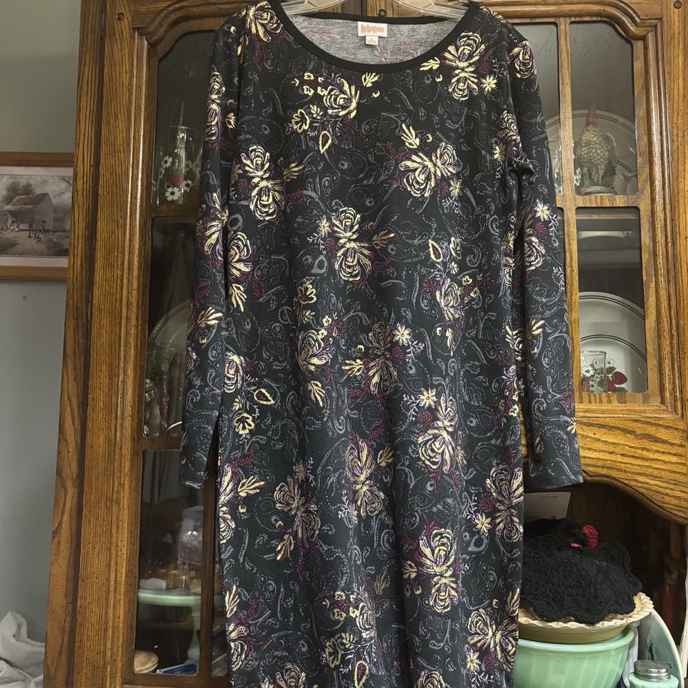 Lula‎ Roe Women's  Midi Dress Black Floral Large Long Sleeve Whimsical Fairy
